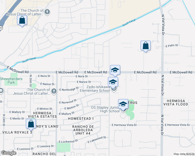 map of restaurants, bars, coffee shops, grocery stores, and more near 3115 East Nance Street in Mesa
