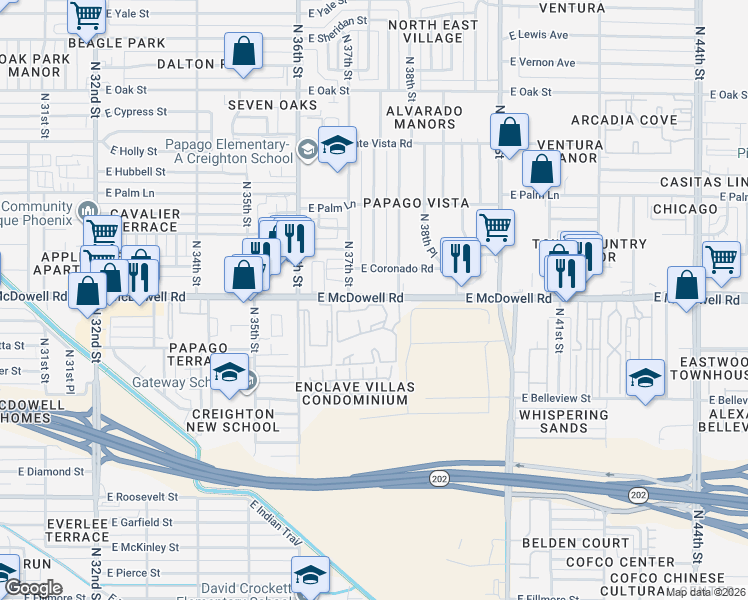 map of restaurants, bars, coffee shops, grocery stores, and more near 3777-3799 East McDowell Road in Phoenix