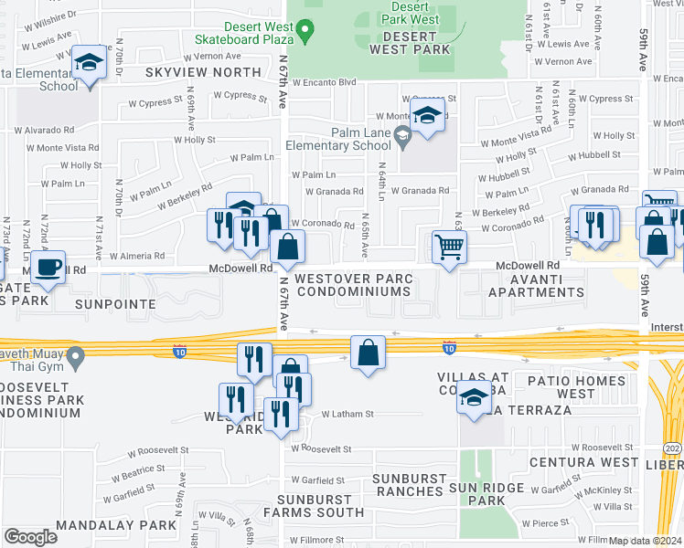 map of restaurants, bars, coffee shops, grocery stores, and more near 6515 West McDowell Road in Phoenix