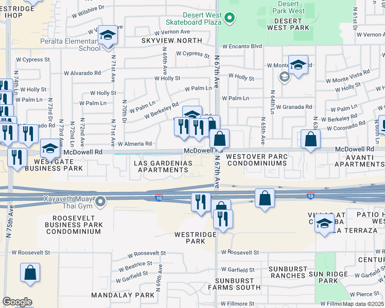 map of restaurants, bars, coffee shops, grocery stores, and more near 6741 West McDowell Road in Phoenix