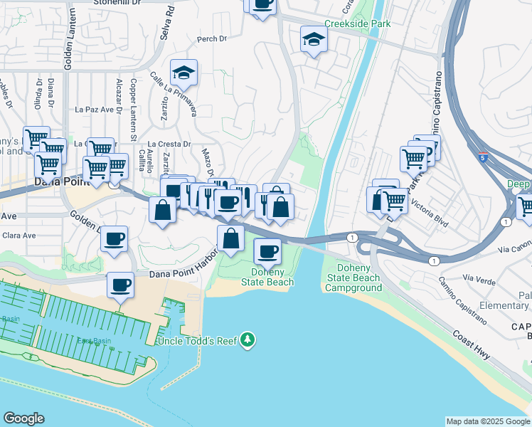 map of restaurants, bars, coffee shops, grocery stores, and more near 34312 Pacific Coast Highway in Dana Point