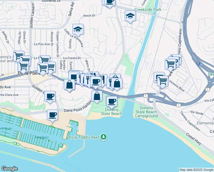 map of restaurants, bars, coffee shops, grocery stores, and more near 34242 Del Obispo Street in Dana Point