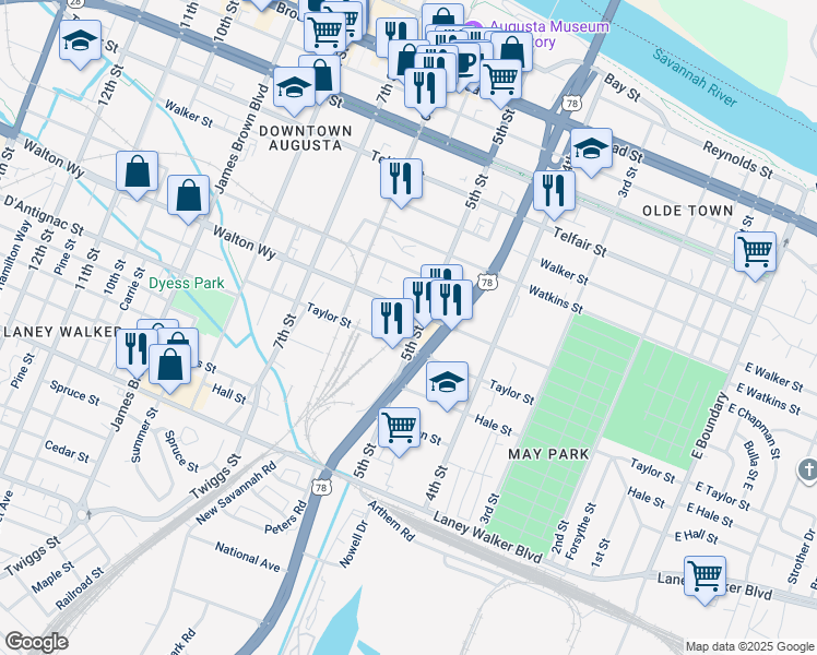 map of restaurants, bars, coffee shops, grocery stores, and more near 811 5th Street in Augusta