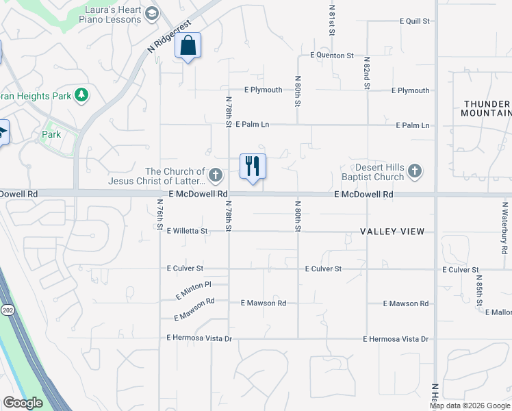 map of restaurants, bars, coffee shops, grocery stores, and more near 7826 East Willetta Street in Mesa