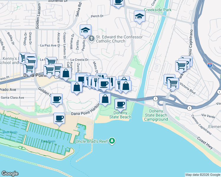 map of restaurants, bars, coffee shops, grocery stores, and more near 34242 Del Obispo Street in Dana Point