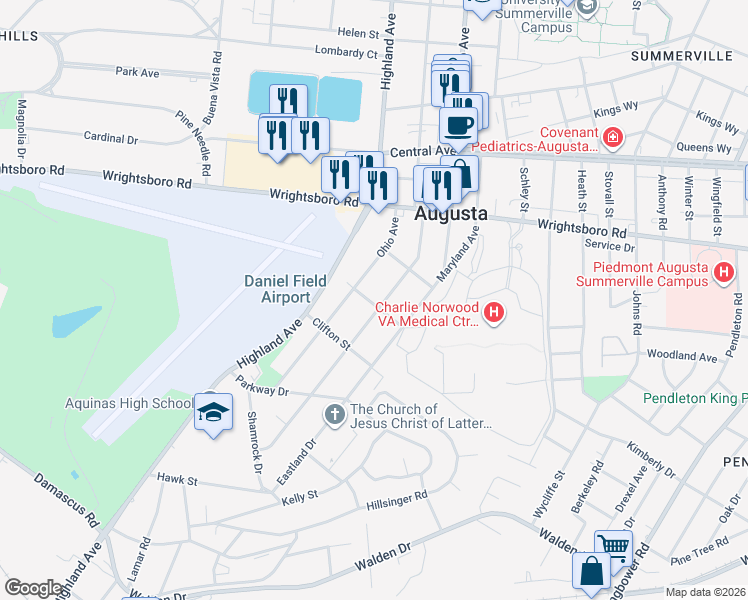 map of restaurants, bars, coffee shops, grocery stores, and more near 1909 Pennsylvania Avenue in Augusta