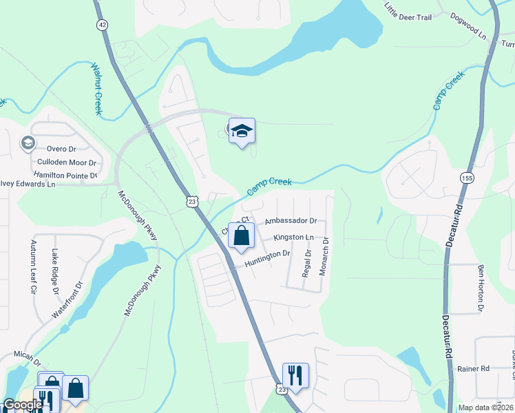 map of restaurants, bars, coffee shops, grocery stores, and more near 5010 Ambassador Drive in McDonough
