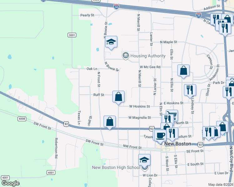 map of restaurants, bars, coffee shops, grocery stores, and more near 400-408 North Bowie Street in New Boston