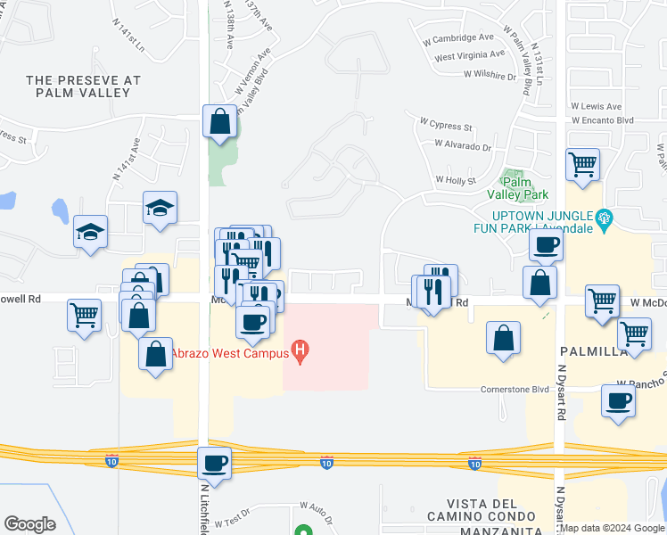 map of restaurants, bars, coffee shops, grocery stores, and more near 13602 West Desert Flower Drive in Goodyear