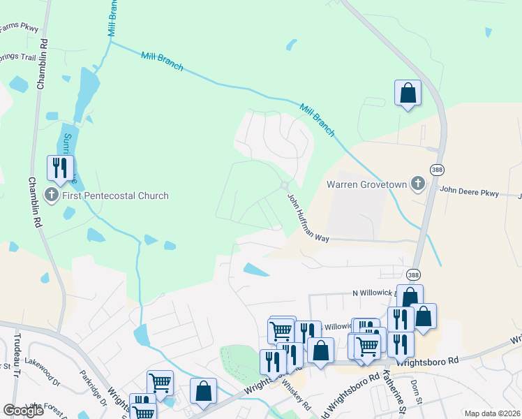 map of restaurants, bars, coffee shops, grocery stores, and more near 2216 Guy Drive in Grovetown
