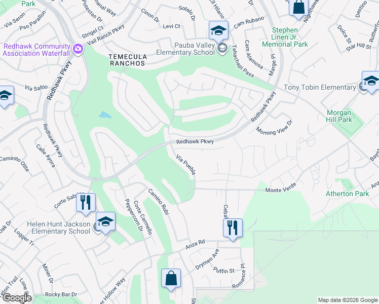 map of restaurants, bars, coffee shops, grocery stores, and more near 32971 Anasazi Drive in Temecula
