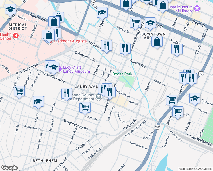 map of restaurants, bars, coffee shops, grocery stores, and more near in Augusta