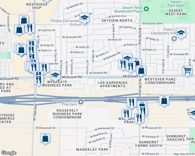 map of restaurants, bars, coffee shops, grocery stores, and more near 7021 Ventana Palms Inc in Phoenix