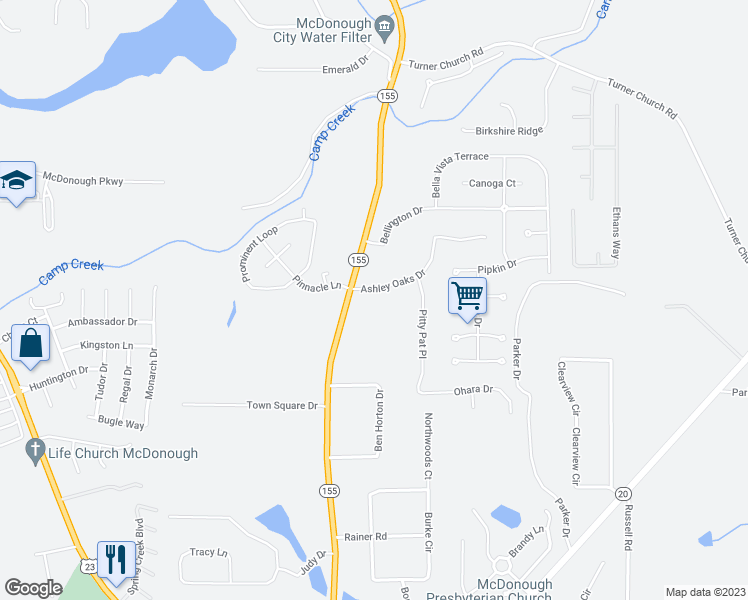 map of restaurants, bars, coffee shops, grocery stores, and more near 109 Ashley Oaks Drive in McDonough
