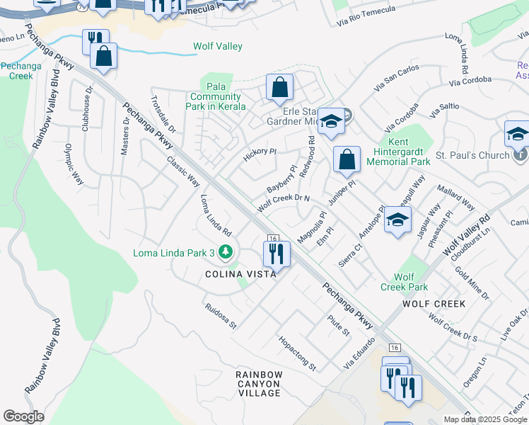 map of restaurants, bars, coffee shops, grocery stores, and more near 31220 Locust Court in Temecula