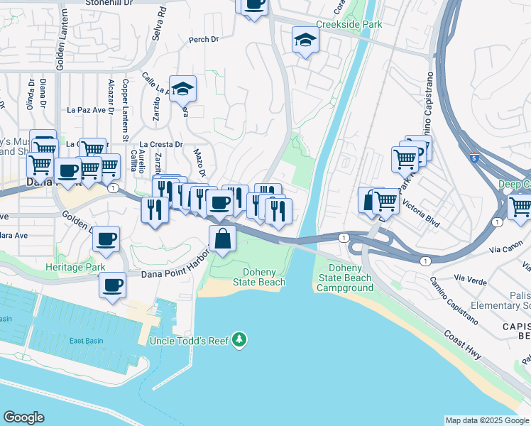 map of restaurants, bars, coffee shops, grocery stores, and more near 1309 Doheny Way in Dana Point