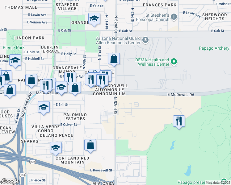 map of restaurants, bars, coffee shops, grocery stores, and more near E McDowell Rd & N 52nd St in Phoenix
