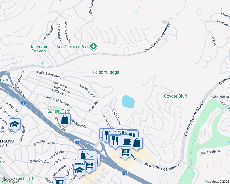 map of restaurants, bars, coffee shops, grocery stores, and more near 3807 Via Manzana in San Clemente