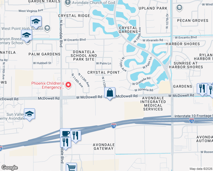 map of restaurants, bars, coffee shops, grocery stores, and more near 11198 West Almeria Road in Avondale