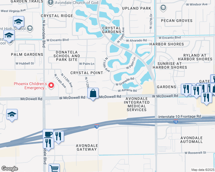 map of restaurants, bars, coffee shops, grocery stores, and more near 11020 West Almeria Road in Avondale