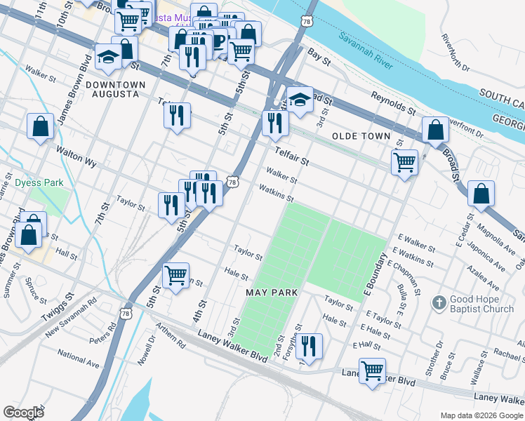 map of restaurants, bars, coffee shops, grocery stores, and more near 708 4th Street in Augusta