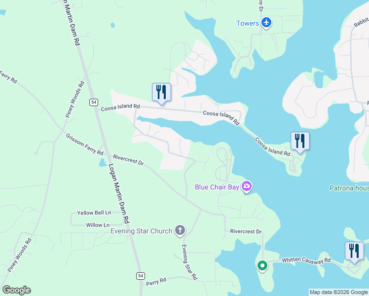 map of restaurants, bars, coffee shops, grocery stores, and more near 265 Shady Brook Lane in Vincent