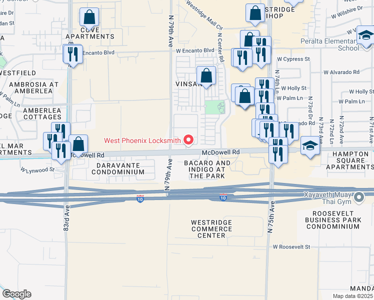 map of restaurants, bars, coffee shops, grocery stores, and more near 7850 West McDowell Road in Phoenix