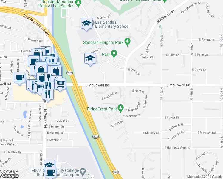 map of restaurants, bars, coffee shops, grocery stores, and more near 7241 East Nathan Street in Mesa