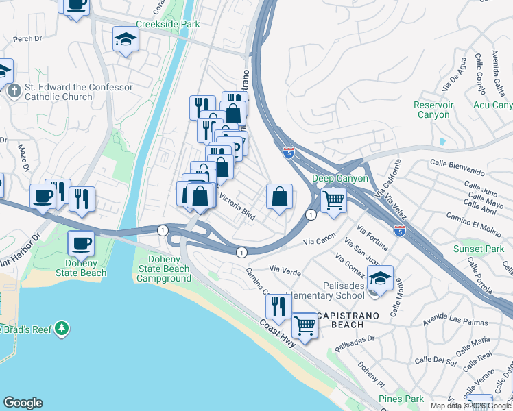 map of restaurants, bars, coffee shops, grocery stores, and more near 34206 Sepulveda Avenue in Dana Point