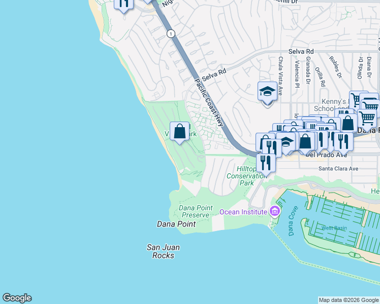 map of restaurants, bars, coffee shops, grocery stores, and more near 5 Oceanfront Lane in Dana Point