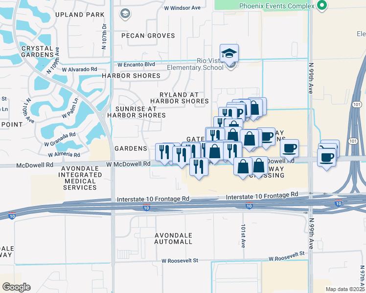 map of restaurants, bars, coffee shops, grocery stores, and more near 10350 West McDowell Road in Avondale