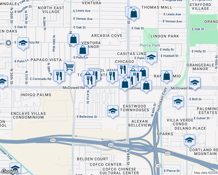 map of restaurants, bars, coffee shops, grocery stores, and more near East McDowell Road in Scottsdale