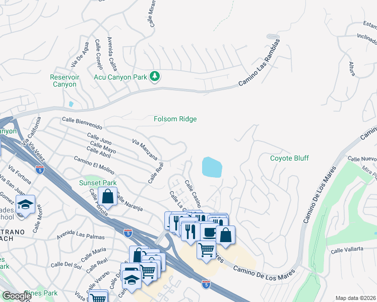map of restaurants, bars, coffee shops, grocery stores, and more near 3807 Via Manzana in San Clemente