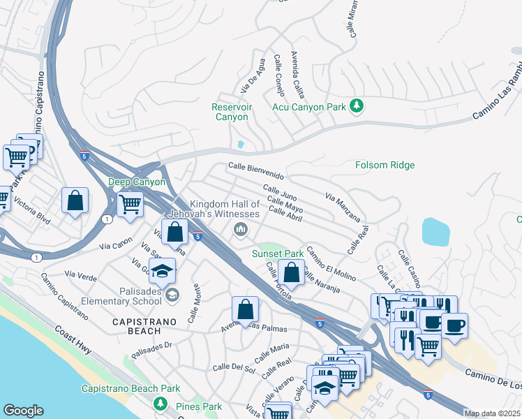 map of restaurants, bars, coffee shops, grocery stores, and more near 4103 Calle Abril in San Clemente