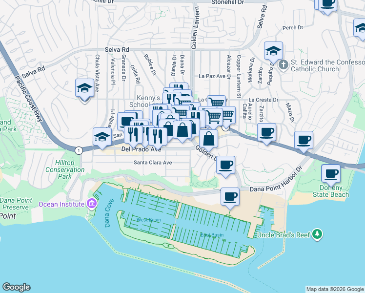 map of restaurants, bars, coffee shops, grocery stores, and more near 24691 Del Prado Avenue in Dana Point