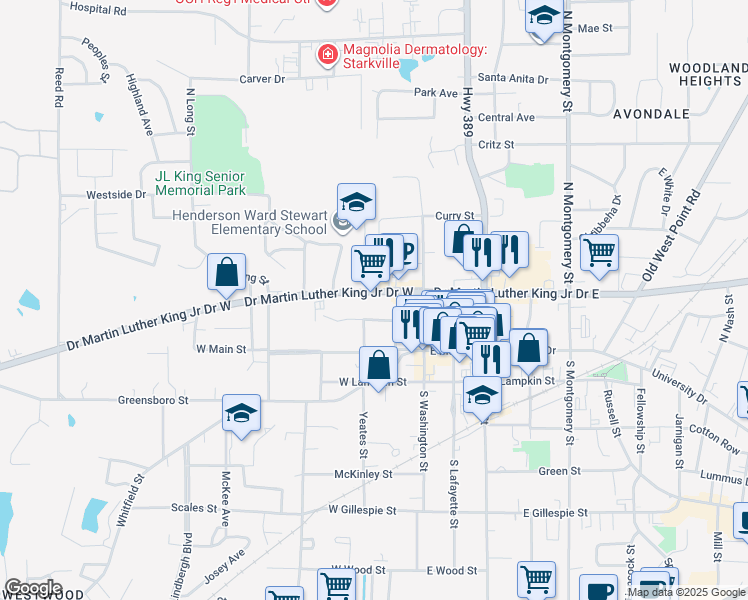 map of restaurants, bars, coffee shops, grocery stores, and more near 115 Doctor Martin Luther King Junior Drive West in Starkville