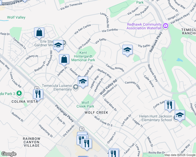 map of restaurants, bars, coffee shops, grocery stores, and more near 45588 Jaguar Way in Temecula