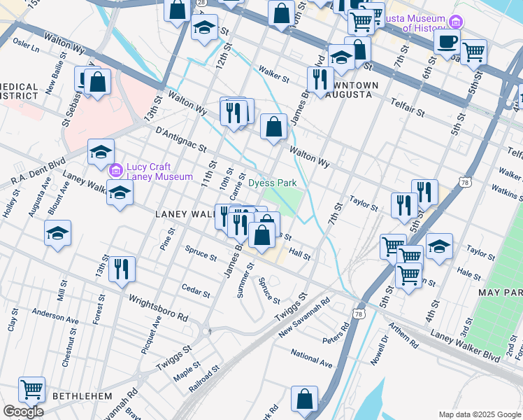 map of restaurants, bars, coffee shops, grocery stores, and more near 1029 Summer Street in Augusta