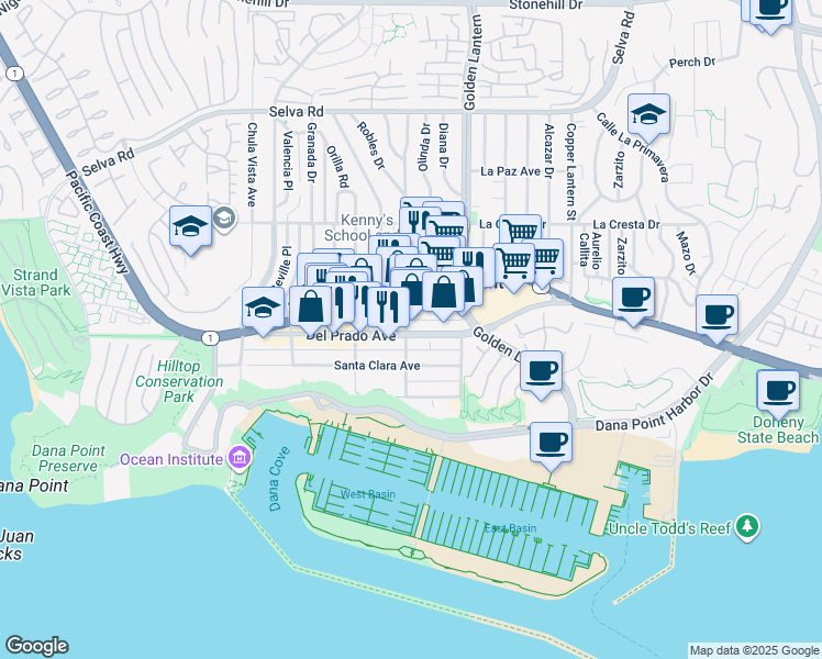 map of restaurants, bars, coffee shops, grocery stores, and more near 24591 Santa Clara Avenue in Dana Point