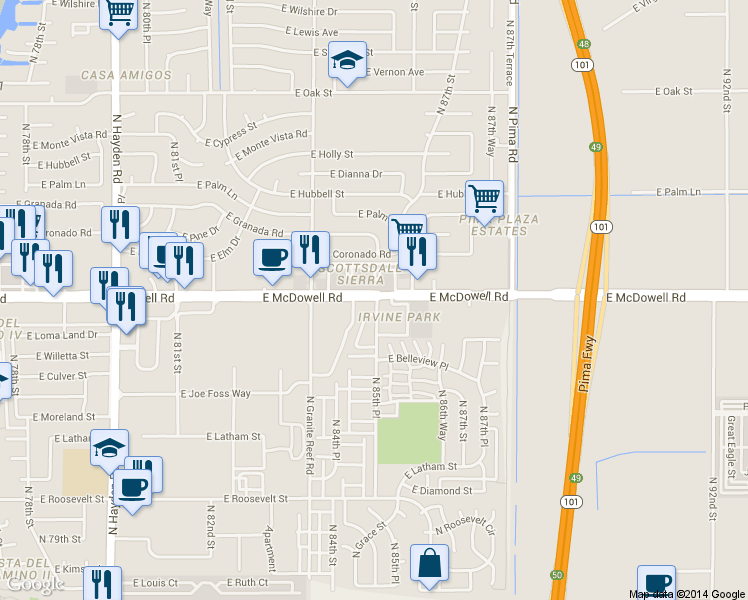 map of restaurants, bars, coffee shops, grocery stores, and more near 1518 North 85th Street in Scottsdale