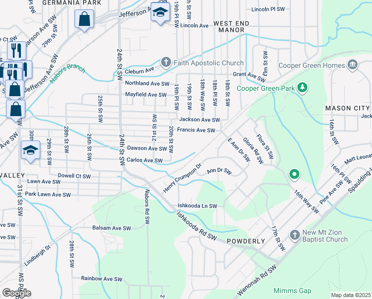 map of restaurants, bars, coffee shops, grocery stores, and more near 1901 20th Street Southwest in Birmingham