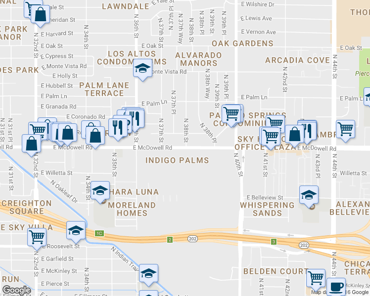 map of restaurants, bars, coffee shops, grocery stores, and more near 3777-3799 East McDowell Road in Phoenix