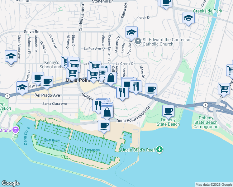 map of restaurants, bars, coffee shops, grocery stores, and more near 25135 Park Lantern in Dana Point