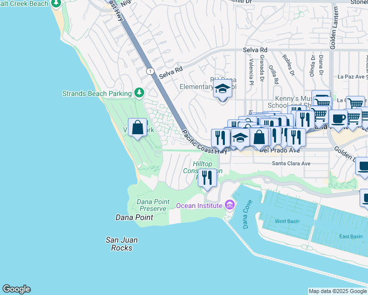 map of restaurants, bars, coffee shops, grocery stores, and more near 34148 Selva Road in Dana Point