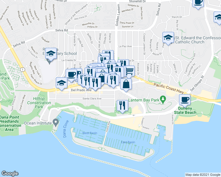map of restaurants, bars, coffee shops, grocery stores, and more near 24691 Del Prado Avenue in Dana Point