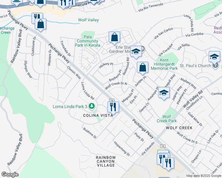 map of restaurants, bars, coffee shops, grocery stores, and more near 31244 Locust Court in Temecula