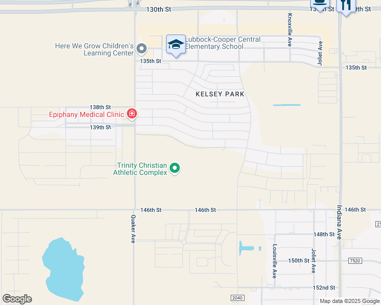 map of restaurants, bars, coffee shops, grocery stores, and more near 140th Street in Lubbock