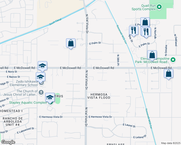 map of restaurants, bars, coffee shops, grocery stores, and more near 2727 North Val Vista Drive in Mesa