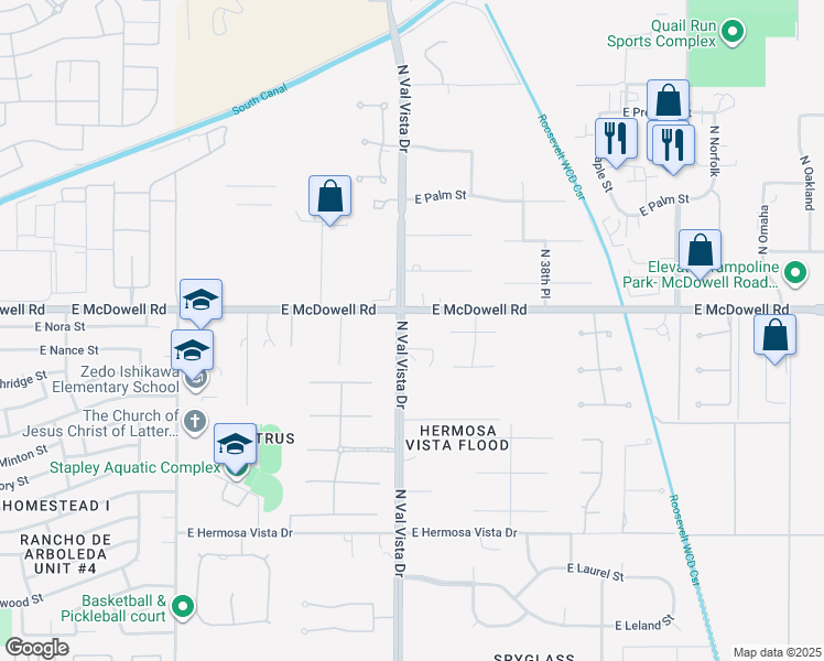 map of restaurants, bars, coffee shops, grocery stores, and more near 2727 North Val Vista Drive in Mesa