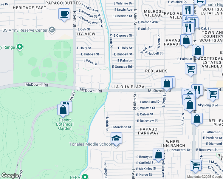 map of restaurants, bars, coffee shops, grocery stores, and more near 6601 East McDowell Road in Scottsdale